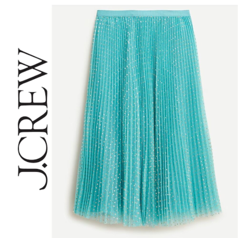 J.Crew Pleated Tulle A-line Midi Skirt, Mermaid Aqua Blue Metallic Gold Dot- 12